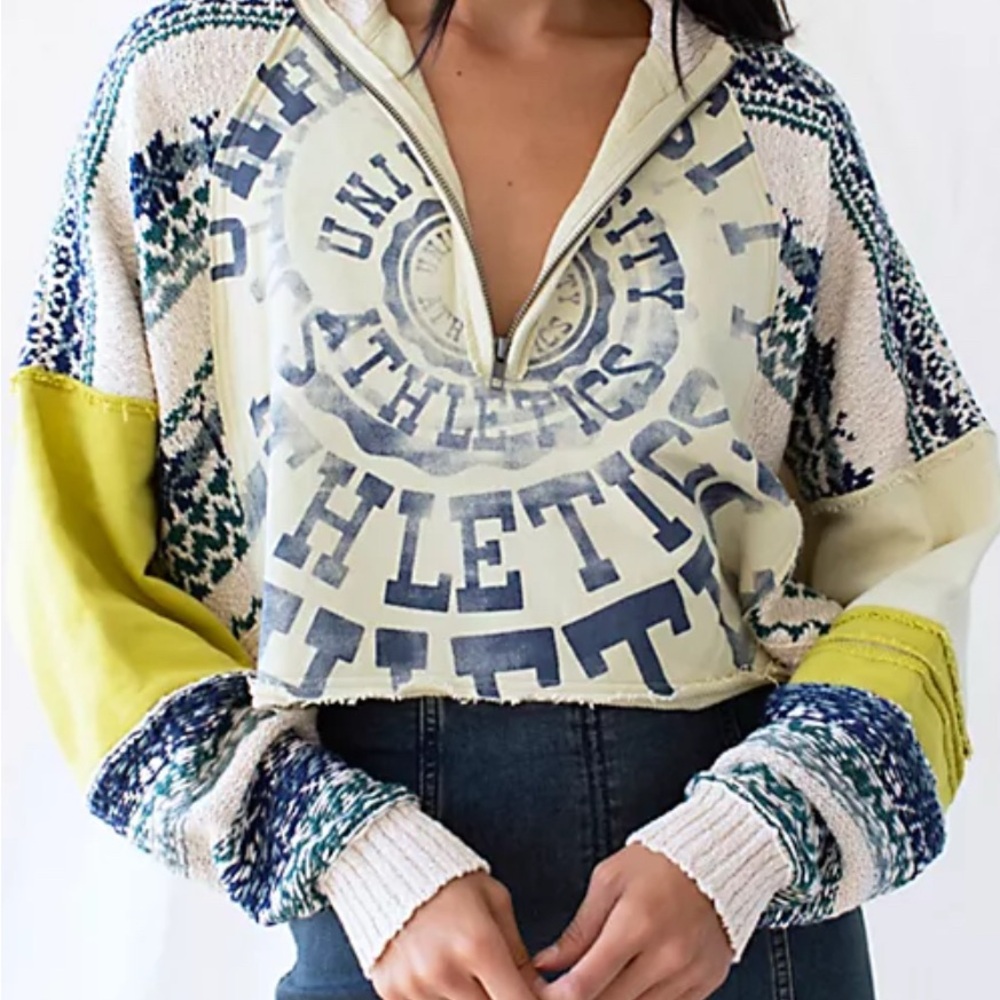 Post Ski Pullover Free People Cropped Patchwork Half-Zip Sweater in Cream